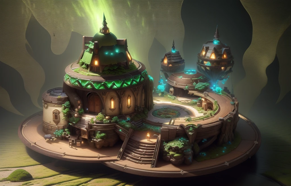 masterpiece, best quality, (extremely detailed CG unity 8k wallpaper), (best quality), (best illustration), (best shadow),( A mushroom house covered with moss),(((Fantasy))),(((spirit))),(((dew))),(timbo),(creek),firefly,clover,wtarlight surrounds the room,petal, isometric 3D, octane render,ray tracing,ultra detailed,