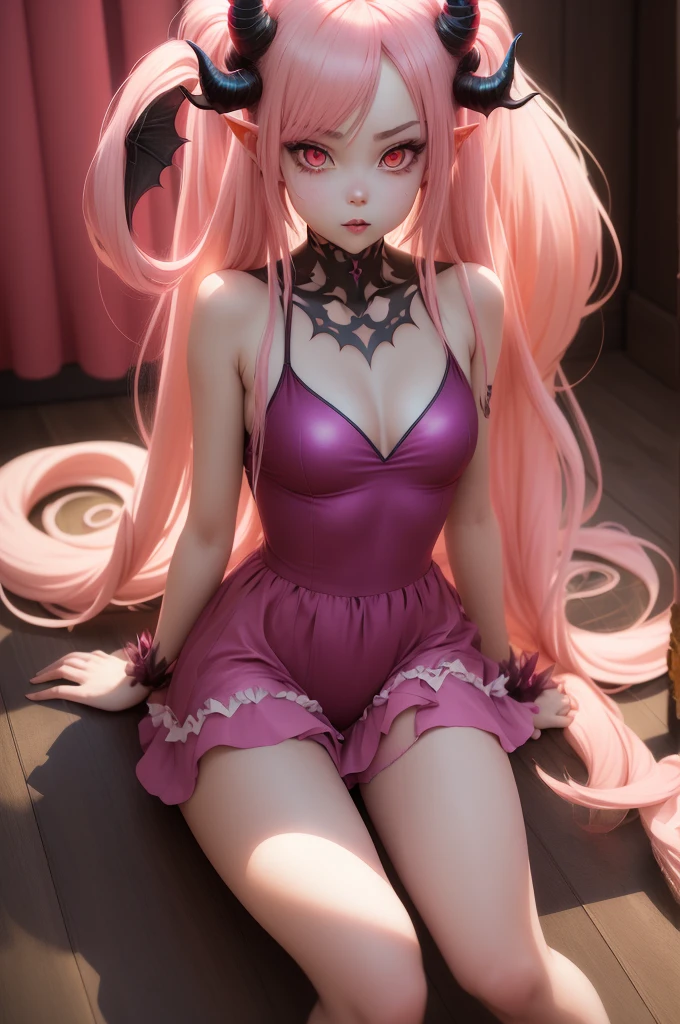 {-erro_de_anatomia:1.0} 1 girl, Anime girl with horns and light pink leotard swimsuit, sitting on the floor, long blonde hair, demon anime girl, Succubus in tight short light pink dress, Cute Succubus, Demon girl, Succubus in sun dress portrait, succubus, portrait of a female demon, demon mika kurai, demon girl portrait, succubus | contemporary, Portrait of a demon, vampire girl