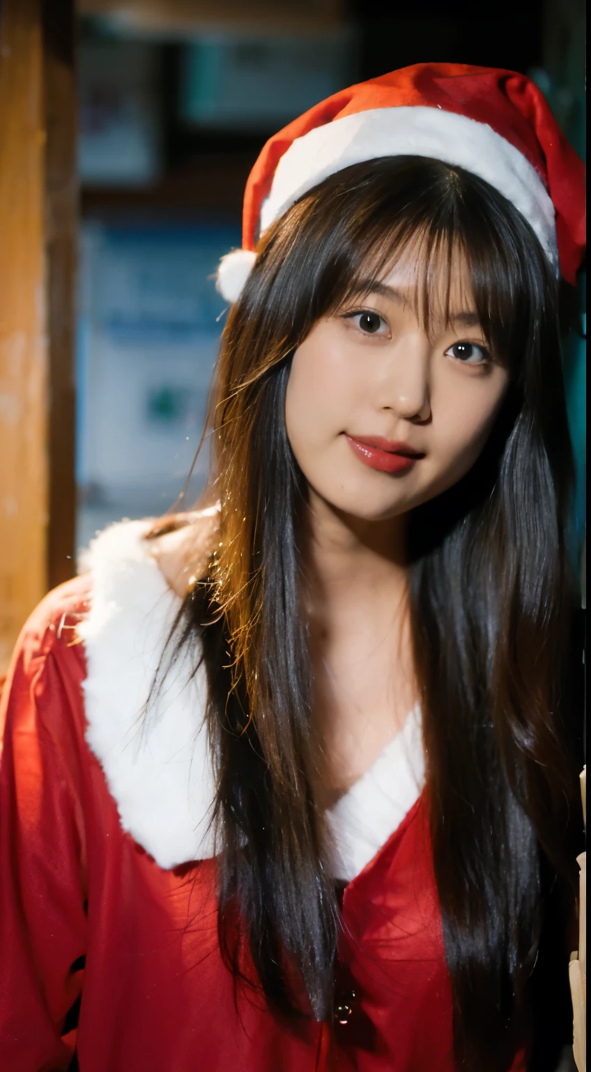 beautfull Japanease woman,(Red Santa Claus costume:1.5),(Christmas tree),Christmas atmosphere,Black hair,Photorealsitic,surrealism, F/1.2, 35 mm, Fuji Film, 8K, Super Detail, nffsw, masutepiece, ccurate, Anatomically correct, Textured skin, Super Detail, high details, High quality, Best Quality, hight resolution