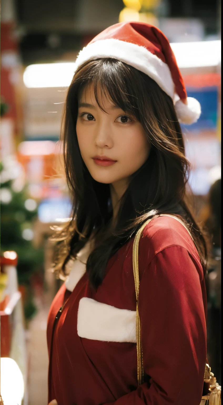 beautfull Japanease woman，(Red Santa Claus costume：1.5)，(Christmas tree)，Christmas atmosphere，Black hair，Photorealsitic，surrealism, F/1.2, 35 mm, Fuji Film, 8K, Super Detail, nffsw, masutepiece, ccurate, Anatomically correct, Textured skin, Super Detail, high details, High quality, Best Quality, hight resolution