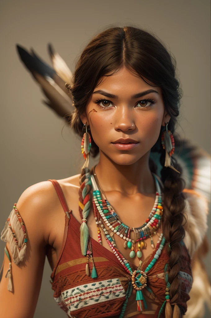 ((Zendaya is a native American woman)), ((who wears the typical clothes of a squaw)), (sie sitzt an einem Lagerfeuer), ((schlanke frau)), (kleiner Kopf), ((natural skin texture)), ((she has small round breasts)), ((Ausdrucksstarkes detailliertes Gesicht)), (fotorealistisch), (Raytracing), (scharfer Fokuull entire body))