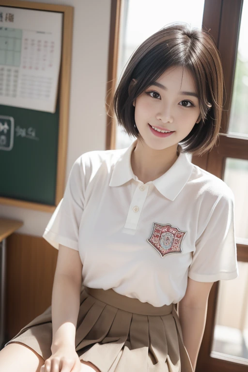 (((masterpiece))), (One beautiful Japan girl, Pure and innocent,kawaii) ,超A high resolution, Realistic, ultra-detailliert, 8K,top-quality, Extremely detailed, A slender,very beautiful japanese girl, Detailed face:1.3), (Boyish short-haired,A dark-haired :1.4), (a ,kawaii系,adorable 14 year o(Perfect body:1.1), (short-sleeved shirt with white collar, Light brown pleated miniskirt),Please show me your beautiful teeth,Bursting smile, Super Detailed Face、Detailed lips、A detailed eye、small gravure idol,Transparent skin,Lori,Japanese high school uniform with the school emblem on the chest,sitting and studying in the classroom,Happy air,Bright interior,