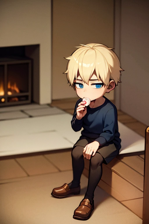 A blonde haired boy with blue eyes is eating a piece of candy by the fireplace in a Santa hat.
