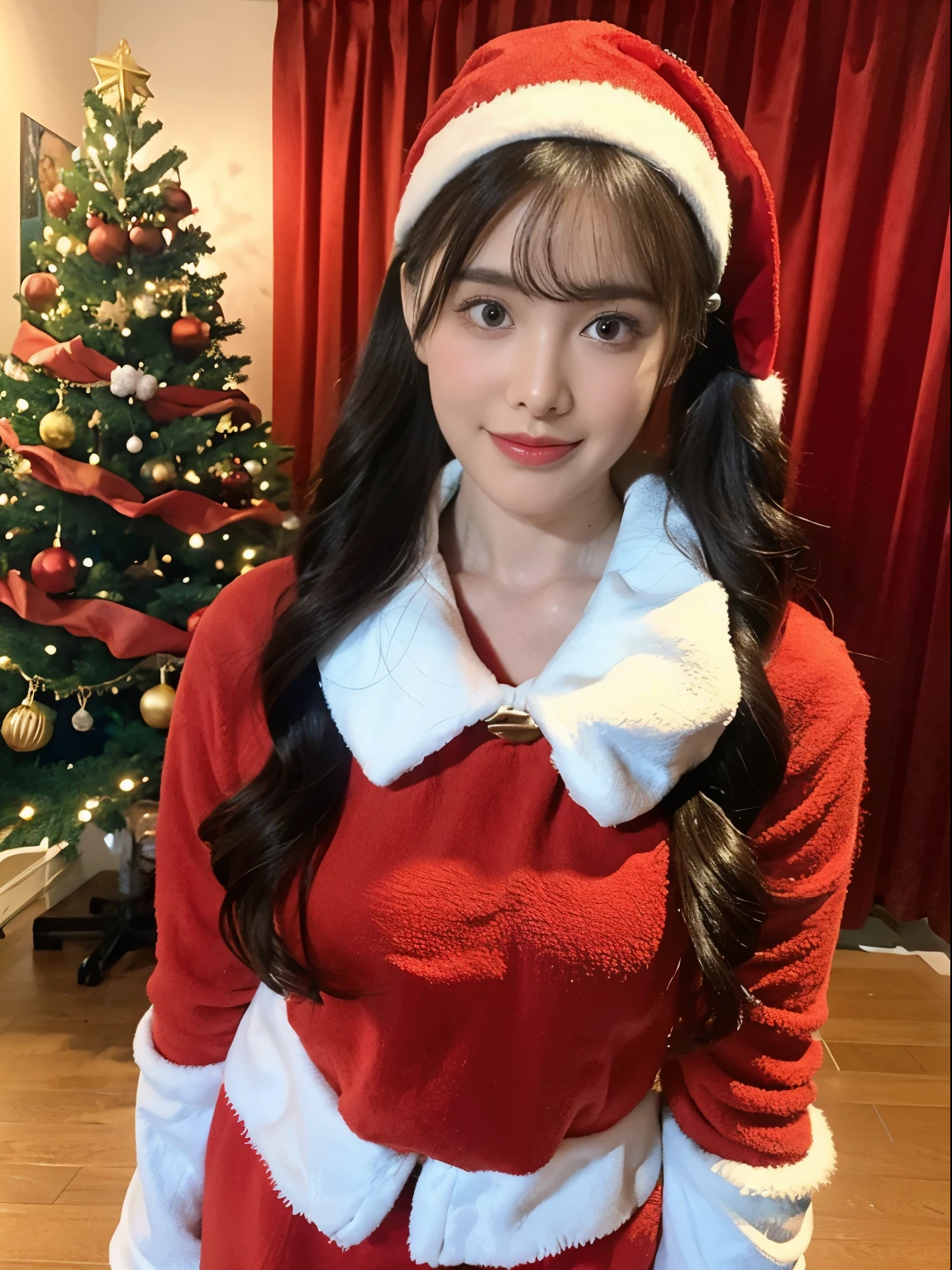 ((Beautuful Women)),(Red Santa Claus costume:1.5),Christmas tree,Black hair,Photorealsitic,surrealism, F/1.2, 35 mm, Fuji Film, 8K, Super Detail, nffsw, masutepiece, ccurate, Anatomically correct, Textured skin, Super Detail, high details, High quality, Best Quality, hight resolution