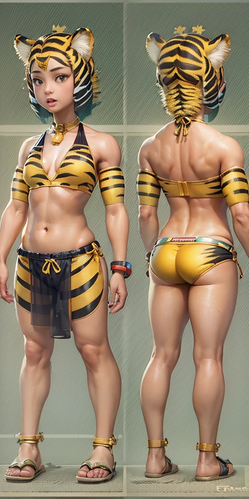 (Prominence in Masterpiece, Best Quality: 1.2), full body, 1 child female, yellow tiger bikini with stripes