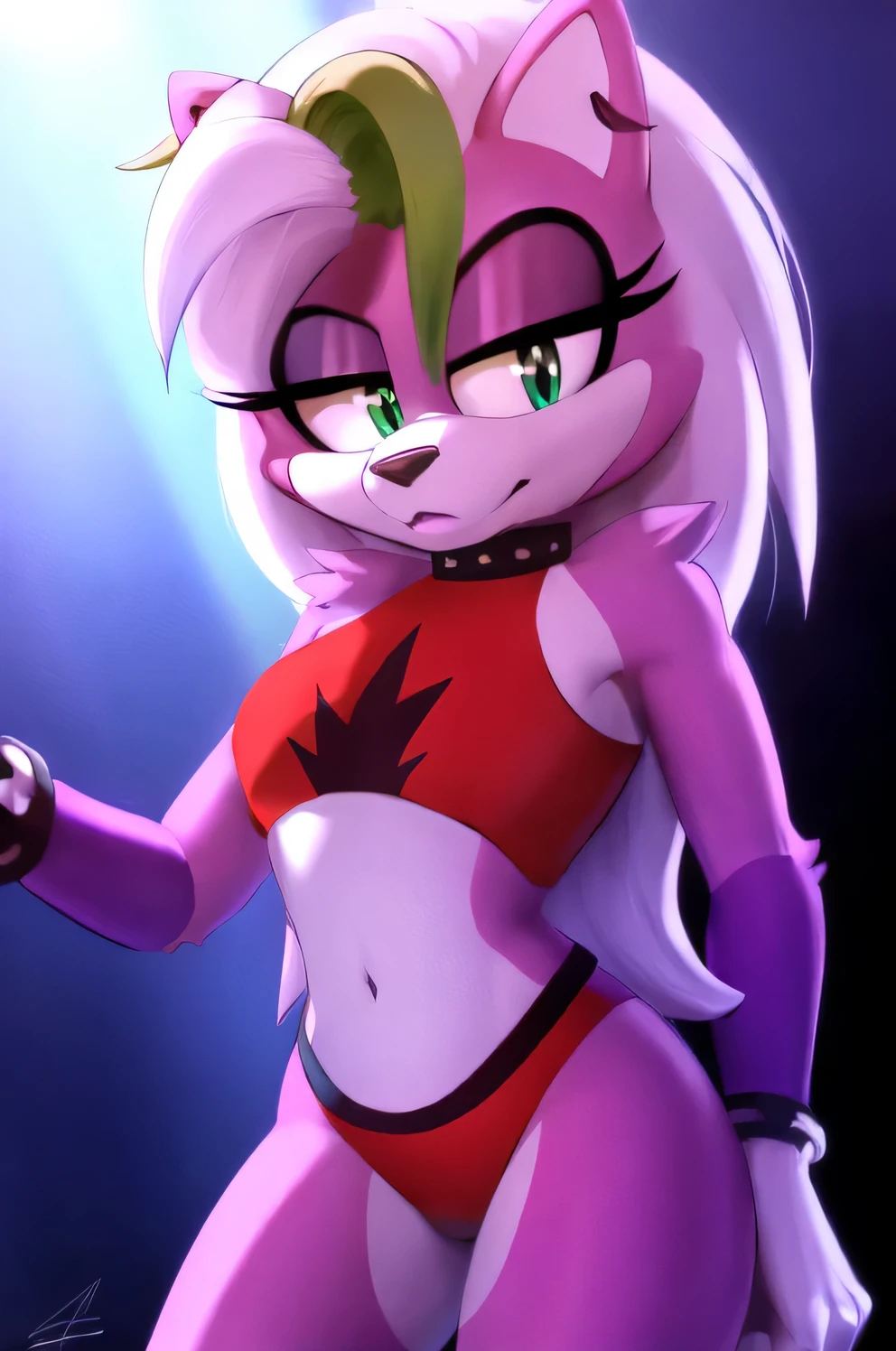 best quality, masterpiece, high resolution, roxanne fusion loona fusion amy rose, solo, furry female, body fur, makeup, sexy clothes:1.2, perfect anatomy, detailed limbs, detailed eyes, detailed lips, glowing skin, vibrant colors, dynamic lighting, realistic rendering, portrait.