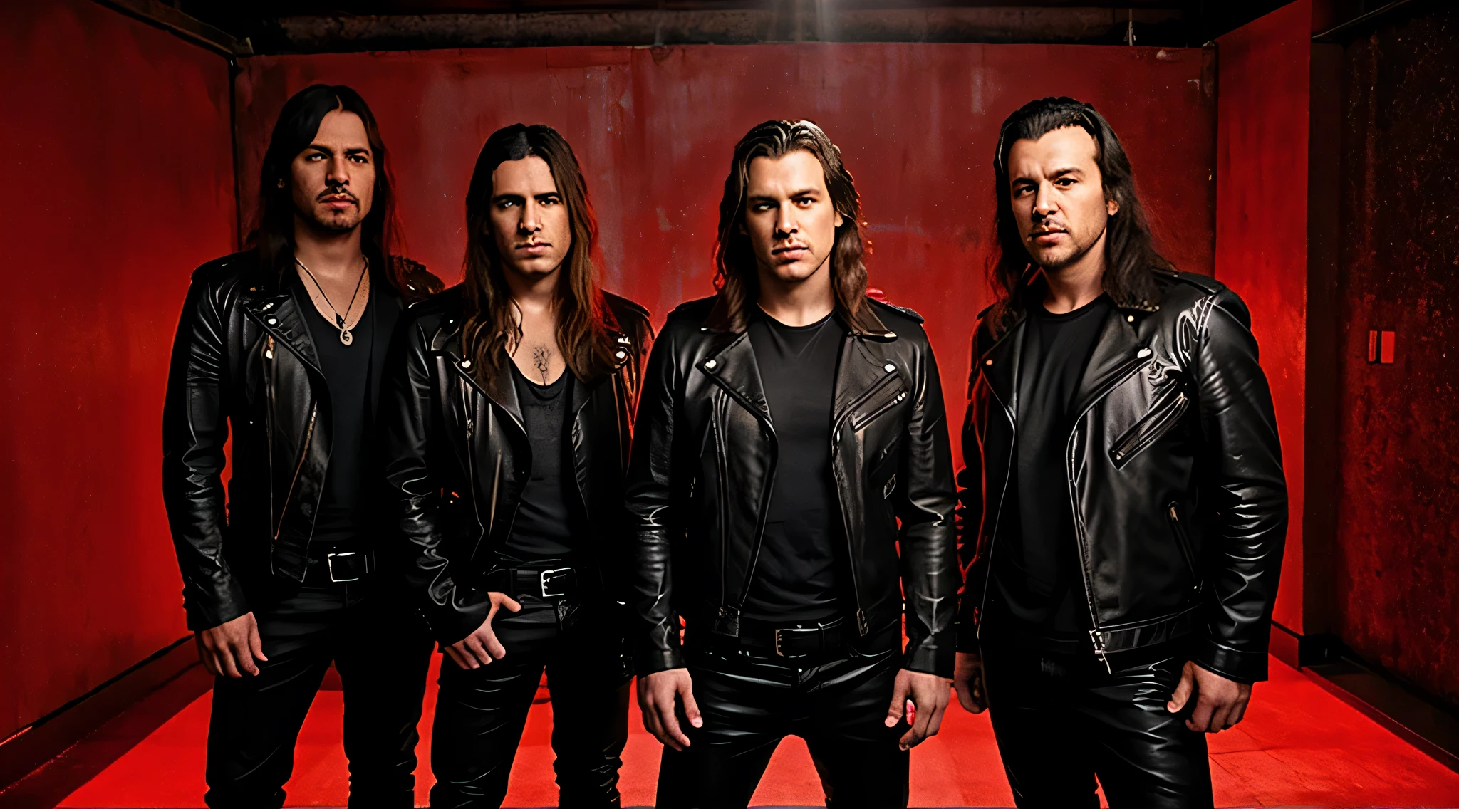 three men in leather clothes posing for a photo in front of a red light, apocalytic, Johnny Silverhand, new wave of british heavy metal, Foto de um ensaio promocional, foto promocional, menacing pose, foto promocional, Promo da banda de heavy metal, WWE, Foto promocional da banda de rock pesado, menacing stare, red lighting on their faces, olhar agressivo, promocional ainda