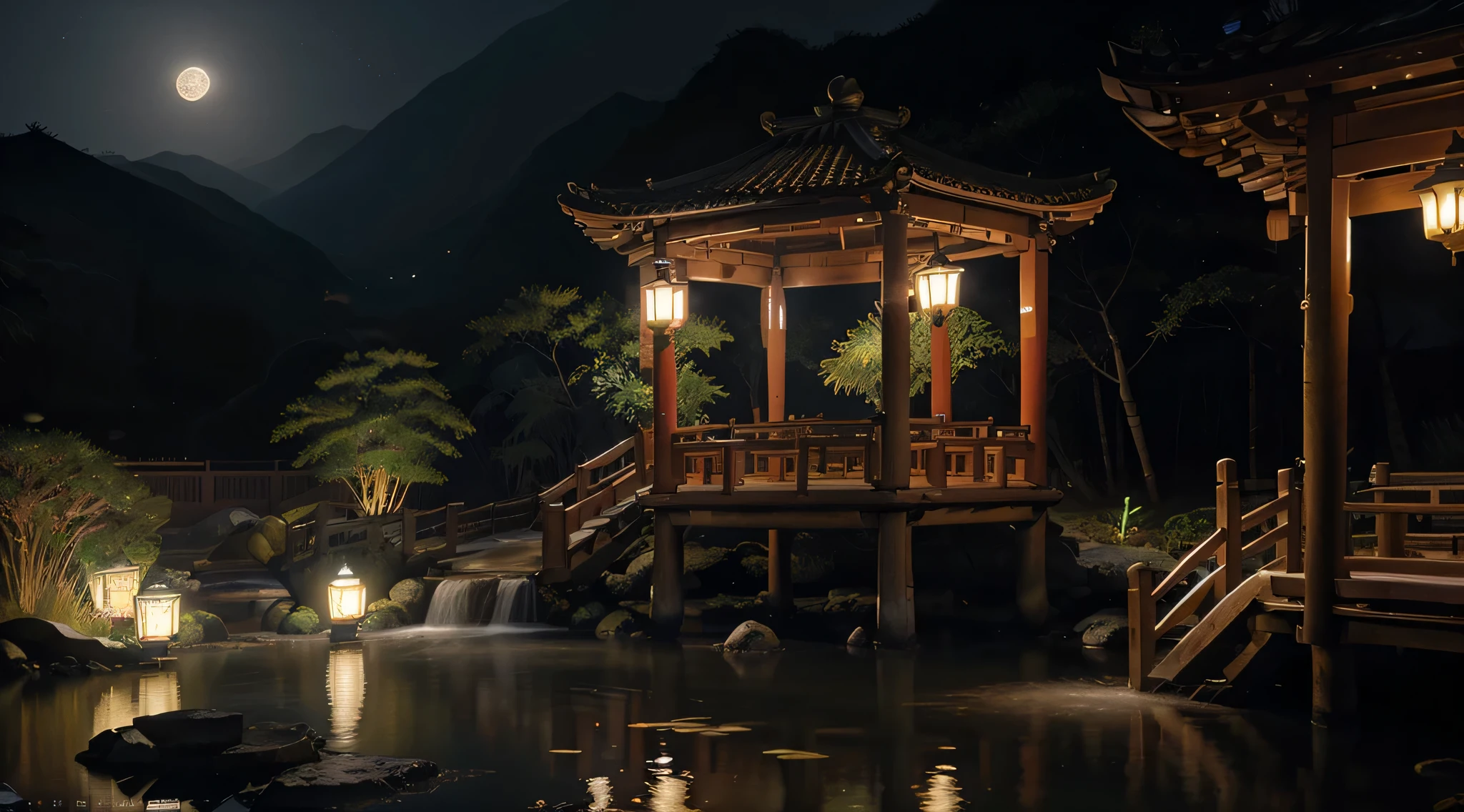 masterpiece,best quality,Chinese martial arts style,an asian night scene with lanterns and water lilies,asian pond with many lanterns and boatsa night scene with many lights and boats in the water, Lake surface, lotus flowers,beautiful night scene,(((Chinese martial arts style))), with vast sky, continuous mountains and steep cliffs, ink wash style, outline light, atmospheric atmosphere, depth of field, mist rising, bamboo, pine trees, octagonal stone pavilion, waterfall flowing water,big full moon,(No color) , Monochrome, light color,