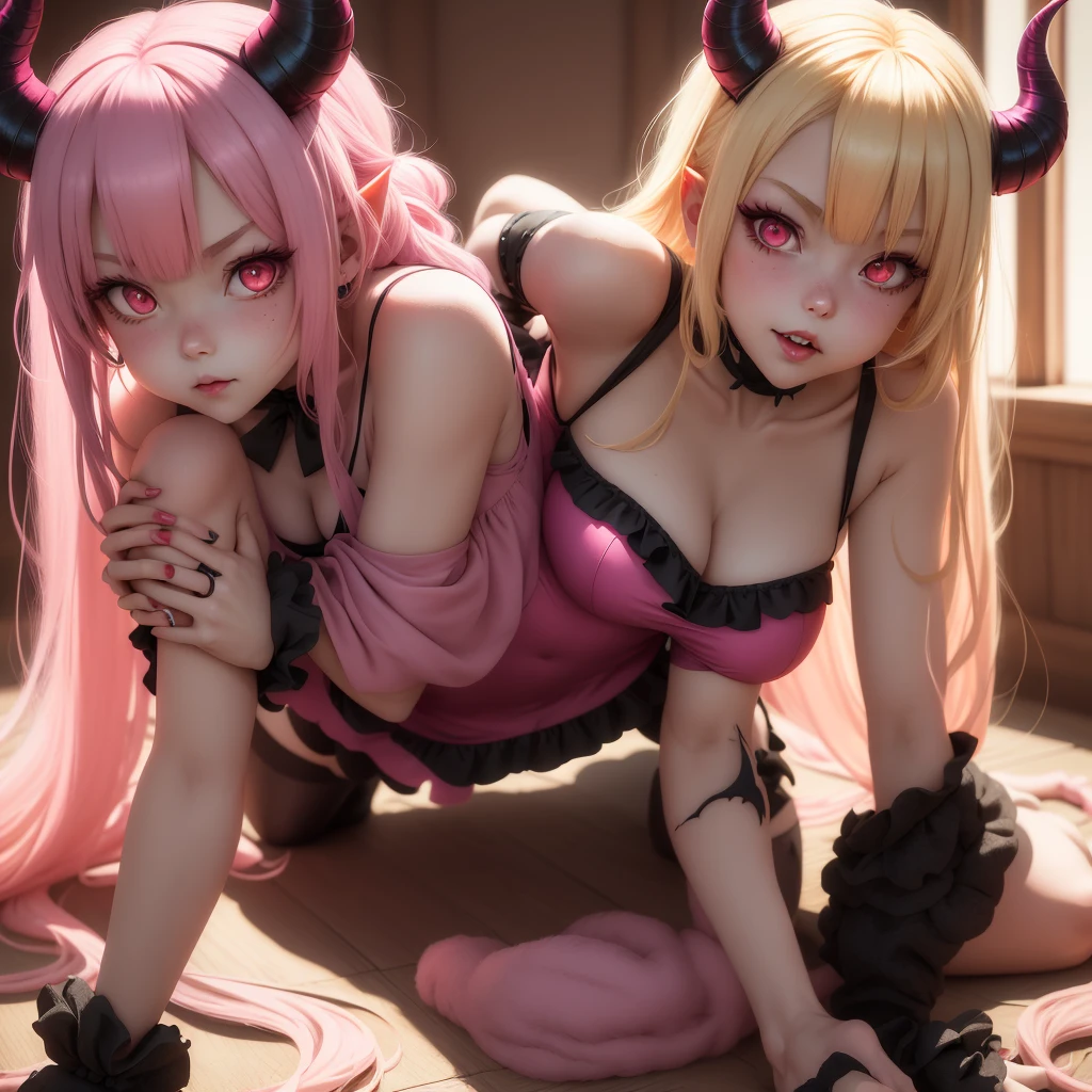 {-erro_de_anatomia:1.0} 1 girl, Anime girl with horns and light pink leotard swimsuit, crawling on the floor, long blonde hair, demon anime girl, Succubus in tight short light pink dress, Cute Succubus, Demon girl, Succubus in sun dress portrait, succubus, portrait of a female demon, demon mika kurai, demon girl portrait, succubus | contemporary, Portrait of a demon, vampire girl