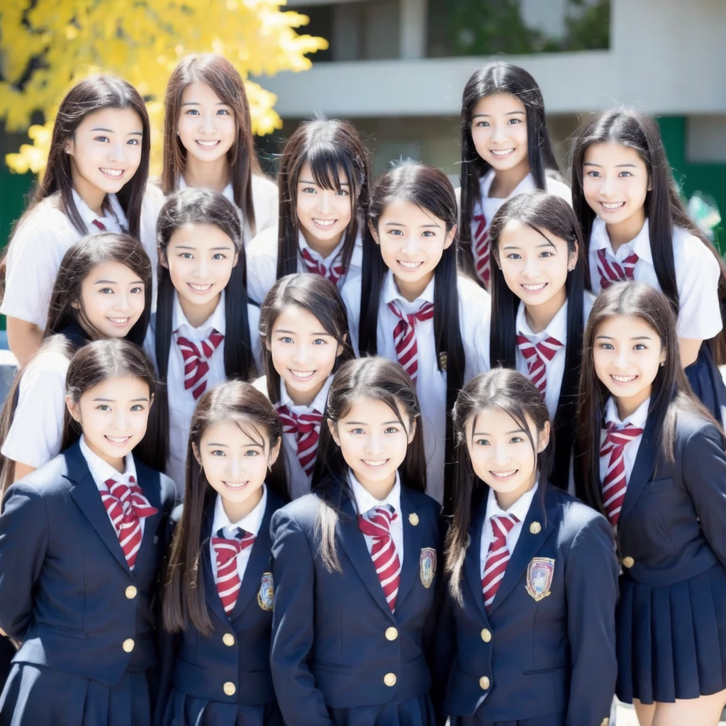 Raw photo、(((multiple girls))),((((6+girls)))),Women only、The same face、((matching school uniform))、、((A dark-haired)),Longhaire、レズビアンデート中のかわいい女子a junior high school student10人、a smile、In the street、selfee、same person、a junior high school student