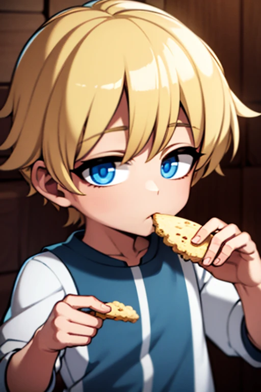 blonde haired boy with blue eyes is eating a cookie
