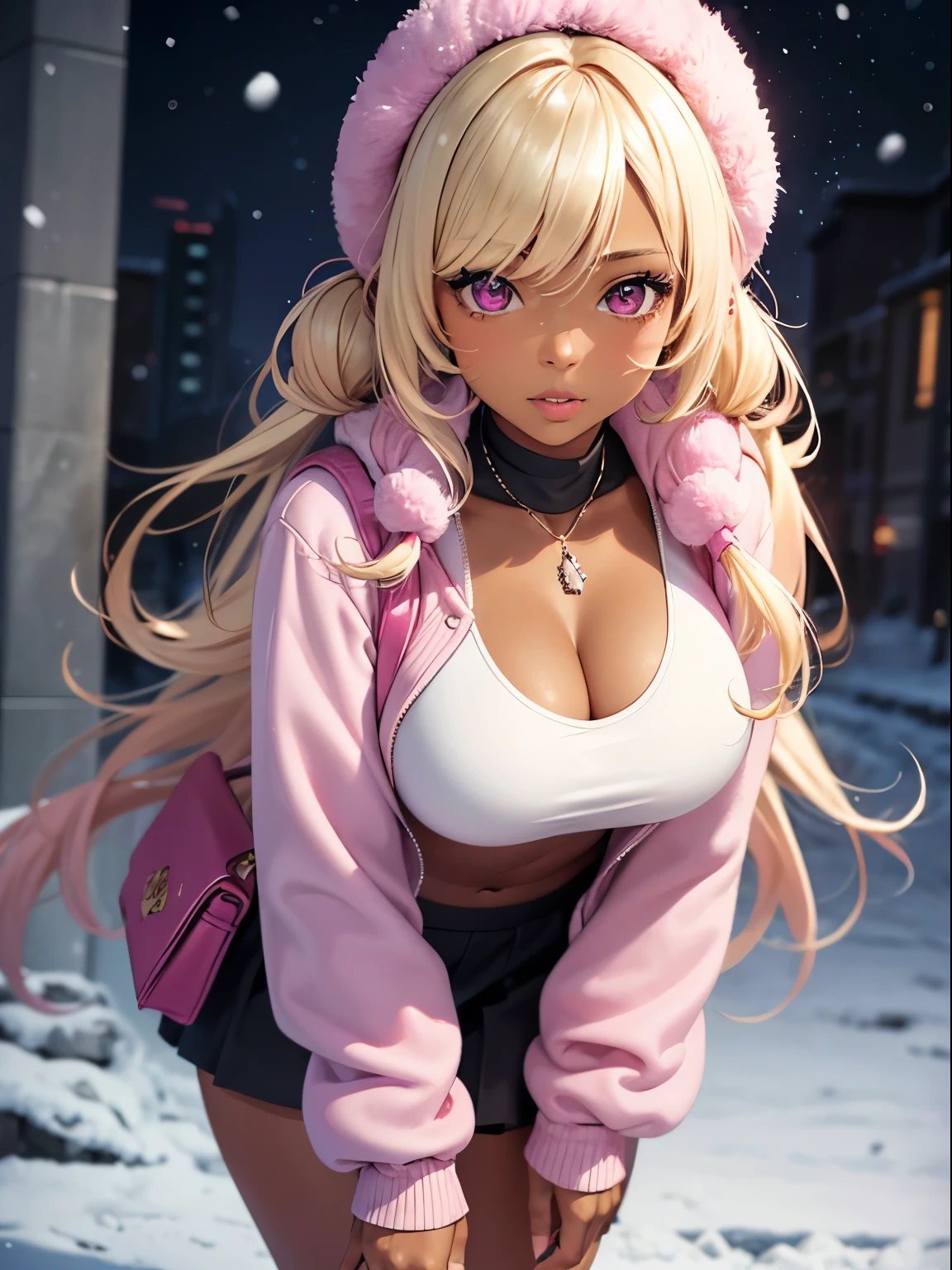 dark-skinned female+++++, detailed eyes, sparkling eyes, close-up , pink eyes, full lips, +thick lipull lips, big breast, blonde hair, pink highlight, piercing,,long hair, flat stomach, long eyelashes, lipgloss, smirk ,looking at viewer , HD++ , pink jacket, pink sweater dress, fur boots , snowing , snowflakes+++ from above, cleavage , pigtails , walking , pink purse , puffer jacket , night , darkskin++