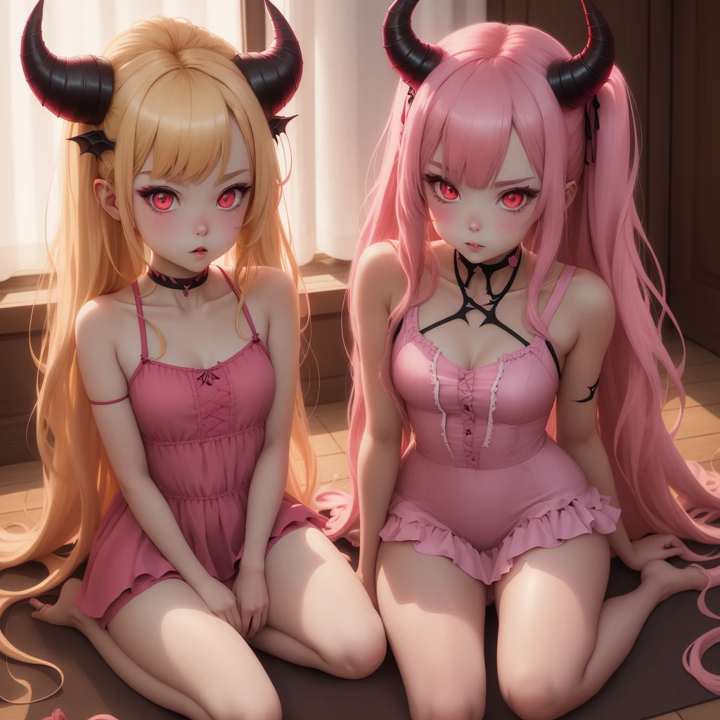 {-erro_de_anatomia:1.0} 1 girl, Anime girl with horns and light pink leotard swimsuit, sitting on the floor, long blonde hair, demon anime girl, Succubus in tight short light pink dress, Cute Succubus, Demon girl, Succubus in sun dress portrait, succubus, portrait of a female demon, demon mika kurai, demon girl portrait, succubus | contemporary, Portrait of a demon, vampire girl