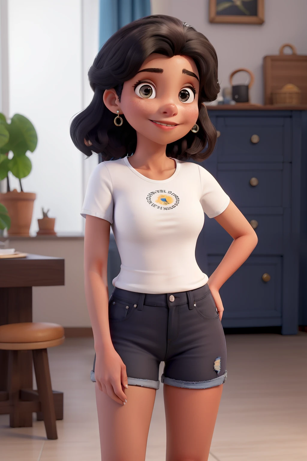 Obra-prima, de melhor qualidade, cabelo preto cebelo liso blusa beje short jeans