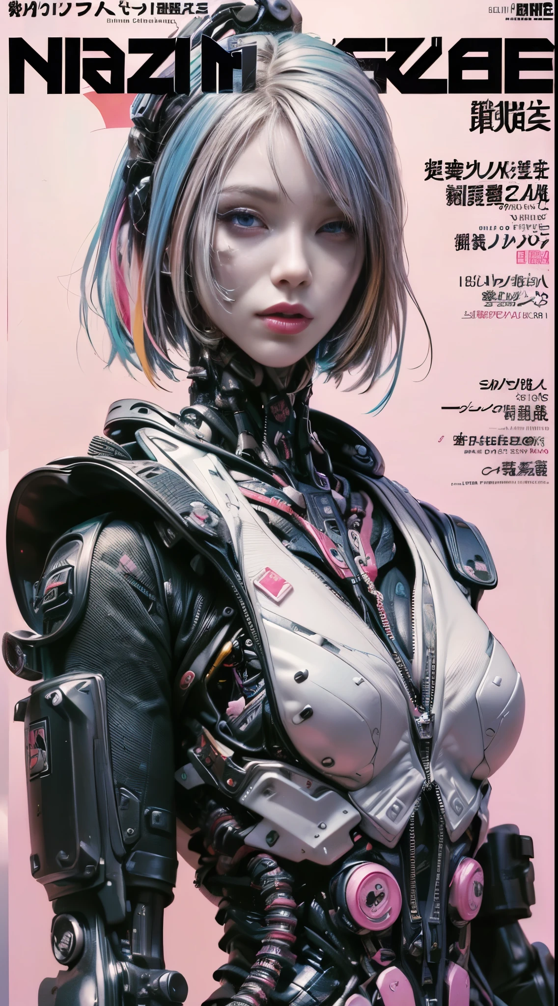 Flowing_contour biomechanical__cybernetic_airbrush___Strange__(((Japanese Harajuku style Fashion_((colorful Magazine_cover))__art_decor_Border)))__porcelain_and_Platinum / Futuristic Cyberpunk woman with porcelain skin, cybernetic implants.