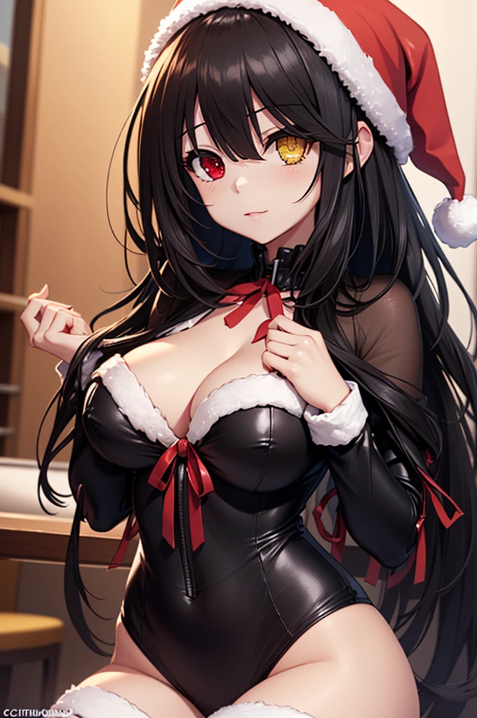 gran calidad ++ Extremely detailed high resolution, very aesthetic, ojos expresivos, (((Cara perfecta))), (((face symmetrical))), ((good anatomy)), (((manos perfectas))), (((8k))), UHD, Fondo de pantalla HD, (((alta calidra detallada, (((1girl))), (((Date A Live))), (((Kurumi))), (((Illyasviel von Einzbern))), ((((cuerpo completo)))), (((heterochromia))), (((cabello negro))), (((Milficación))), (((hembra madura))), (((pechos gigantescos))), (((hombros estrechos))), (((cintura estrecha))), (((usando un atuendo de Santa Claus con+sosteniendo una bolsa de regalo))), 18 year old beautiful girl, Dedos detallados, Dedos precisos, Manos no antinaturales, strange eye, ojos rojos, escote, colas gemelas de pelo negro,
