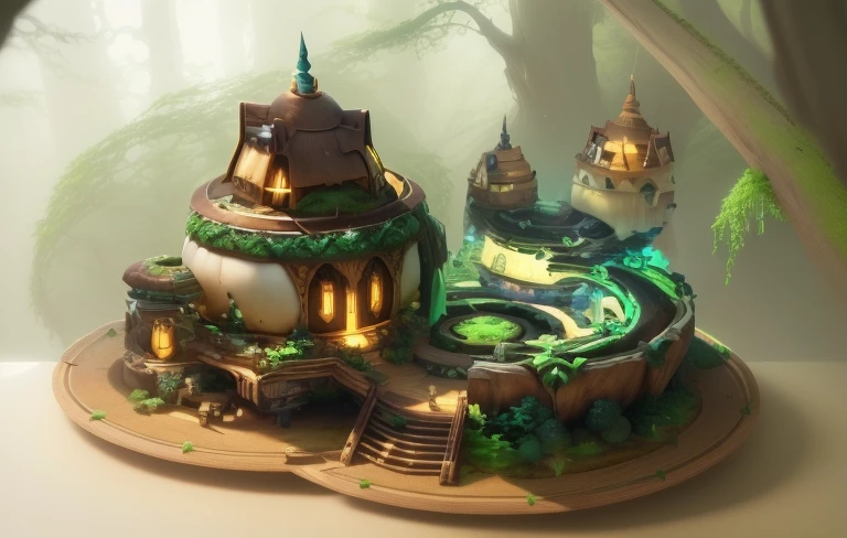 masterpiece, best quality, (extremely detailed CG unity 8k wallpaper), (best quality), (best illustration), (best shadow),( A mushroom house covered with moss),(((Fantasy))),(((spirit))),(((dew))),(timbo),(creek),firefly,clover,wtarlight surrounds the room,petal, isometric 3D, octane render,ray tracing,ultra detailed,