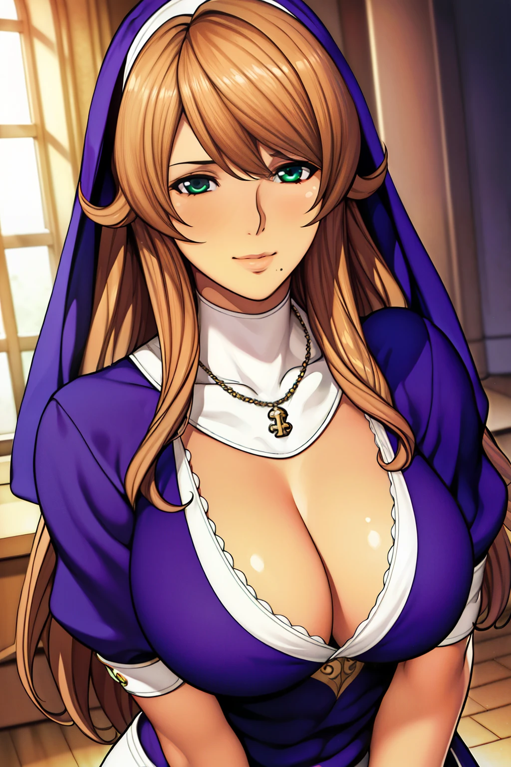 indoor Background,
purple outfit,puffy sleeves,cleavage cutout, cleavage,
nun,jewelry,necklace, 
long hair,brown hair,Bangs,green eyes,purple cape on her head,
1 girl, 20yo,Young female,Beautiful Finger,Beautiful long legs,Beautiful body,Beautiful Nose,Beautiful character design, perfect eyes, perfect face,expressive eyes,perfect balance,
looking at viewer,potrait body,closed mouth, (innocent_big_eyes:1.0),Light_Smile,
official art,extremely detailed CG unity 8k wallpaper, perfect lighting,Colorful, Bright_Front_face_Lighting,shiny skin, 
(masterpiece:1.0),(best_quality:1.0), ultra high res,4K,ultra-detailed,
photography, 8K, HDR, highres, absurdres:1.2, Kodak portra 400, film grain, blurry background, bokeh:1.2, lens flare, (vibrant_color:1.2),professional photograph, 
(Beautiful,large_Breasts:1.4), (beautiful_face:1.5),(narrow_waist),