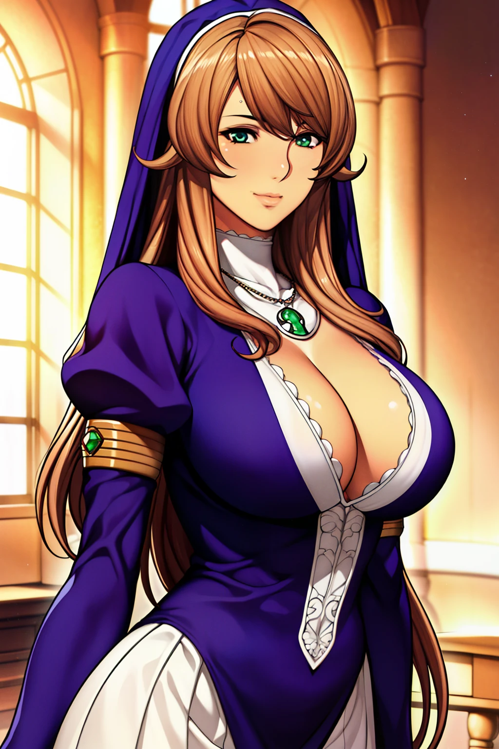 indoor Background,
purple outfit,puffy sleeves,cleavage cutout, cleavage,
nun,jewelry,necklace, 
long hair,brown hair,Bangs,green eyes,purple cape on her head,
1 girl, 20yo,Young female,Beautiful Finger,Beautiful long legs,Beautiful body,Beautiful Nose,Beautiful character design, perfect eyes, perfect face,expressive eyes,perfect balance,
looking at viewer,potrait body,closed mouth, (innocent_big_eyes:1.0),Light_Smile,
official art,extremely detailed CG unity 8k wallpaper, perfect lighting,Colorful, Bright_Front_face_Lighting,shiny skin, 
(masterpiece:1.0),(best_quality:1.0), ultra high res,4K,ultra-detailed,
photography, 8K, HDR, highres, absurdres:1.2, Kodak portra 400, film grain, blurry background, bokeh:1.2, lens flare, (vibrant_color:1.2),professional photograph, 
(Beautiful,large_Breasts:1.4), (beautiful_face:1.5),(narrow_waist),