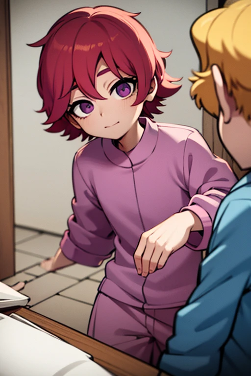 A pink haired boy with violet eyes is eating a cookie in pajamas