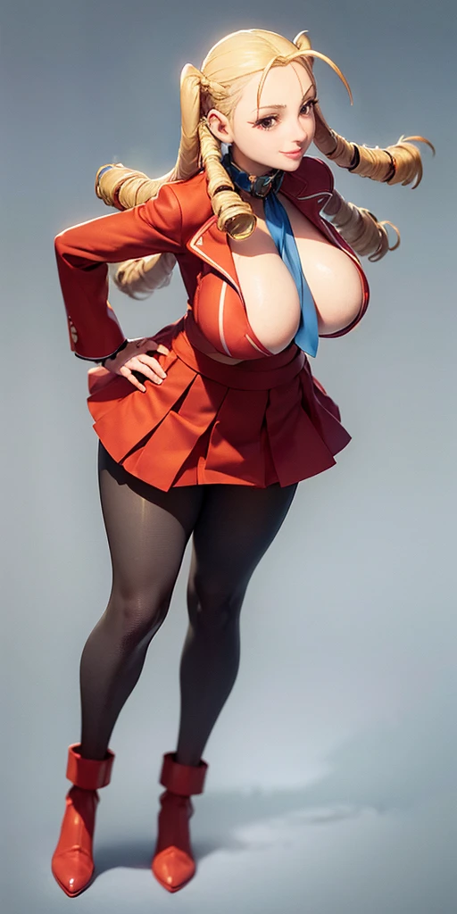 full body standing straight symmetrical, huge boob(masterpiece, best quality:1.2), cowboy shot, solo, 1MILF, mmplatz, smile, looking at viewer, hands on hips, twintails, twin drills, dress, blue pantyhose, striped pantyhose, Handcuffs on their hands, With a collar around the neck
