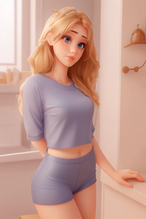 Beautiful woman with blue tank top and pink panties, Sexy girl with blue eyes, blonde hair and large eyes, ohne Make-up, Natural makeup, Blick direkt in die Kamera, Gesicht mit Artgram, dezentes Make-up, Great full body photo, Blond, collarbone visible,