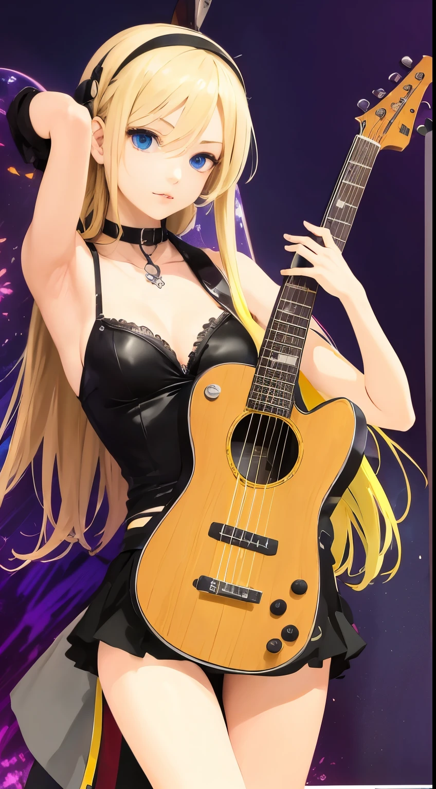 masterpiece, top quality 16k raw photo of Vocaloid3 Lily posing with guitar, blond hair blue eyes. navel look. hand behind her head.