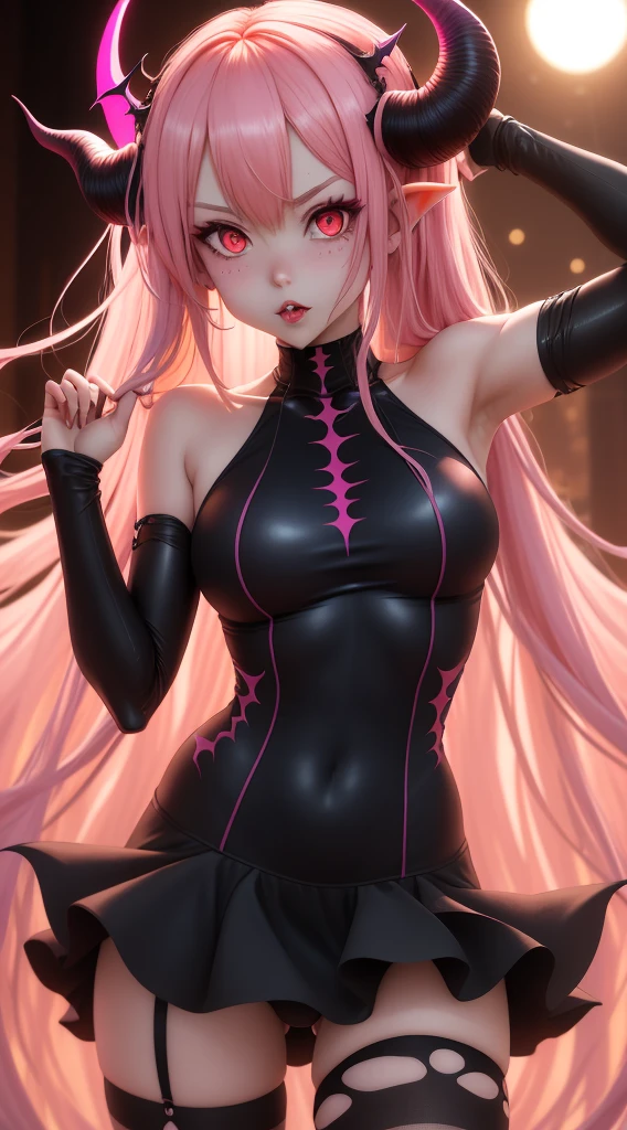 {-erro_de_anatomia:1.0} {- NFSW }1 girl, Anime girl with horns and light pink leotard swimsuit, dancing, long blonde hair, demon anime girl, Succubus in tight short light pink dress, Cute Succubus, Demon girl, Succubus in sun dress portrait, succubus, portrait of a female demon, demon mika kurai, demon girl portrait, succubus | contemporary, Portrait of a demon, vampire girl