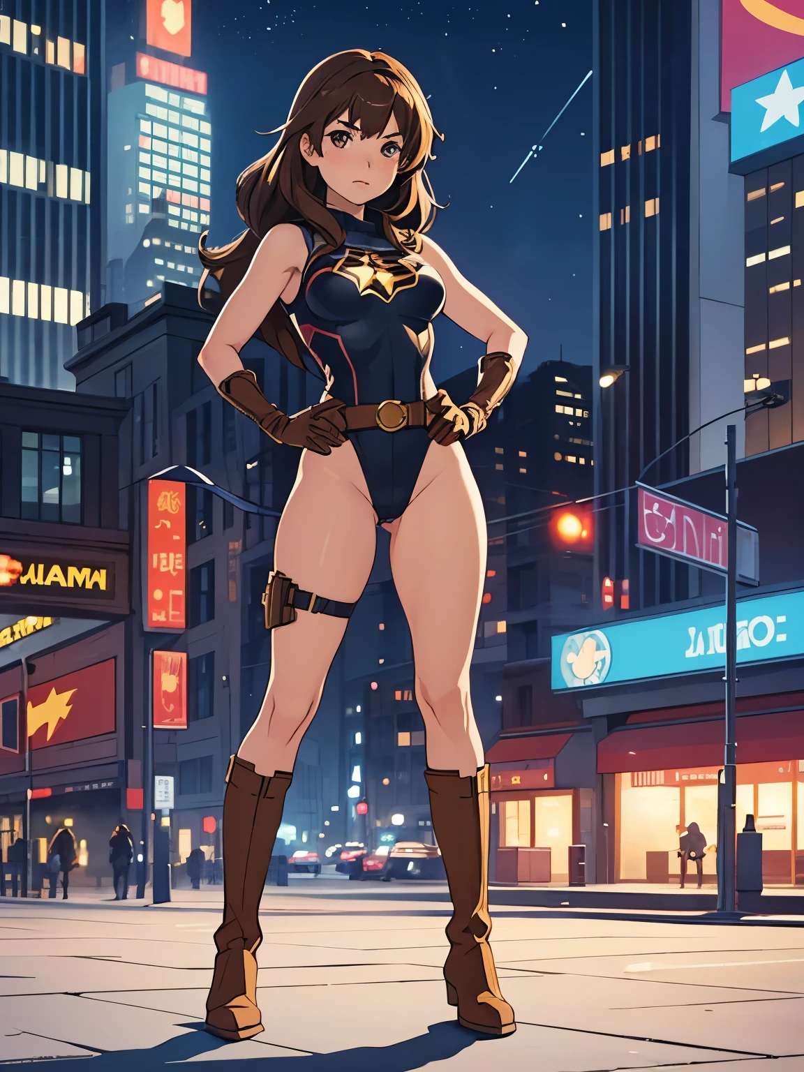 1girl, medium breasts, leotard, bare legs, tight belt, boots, matching boots, gloves, city backdrop, solo, single, hands on hip, standing, full body shot, cowboy shot, superhero, beautiful detailed eyes, star symbol on chest, brown hair, high leg leotard