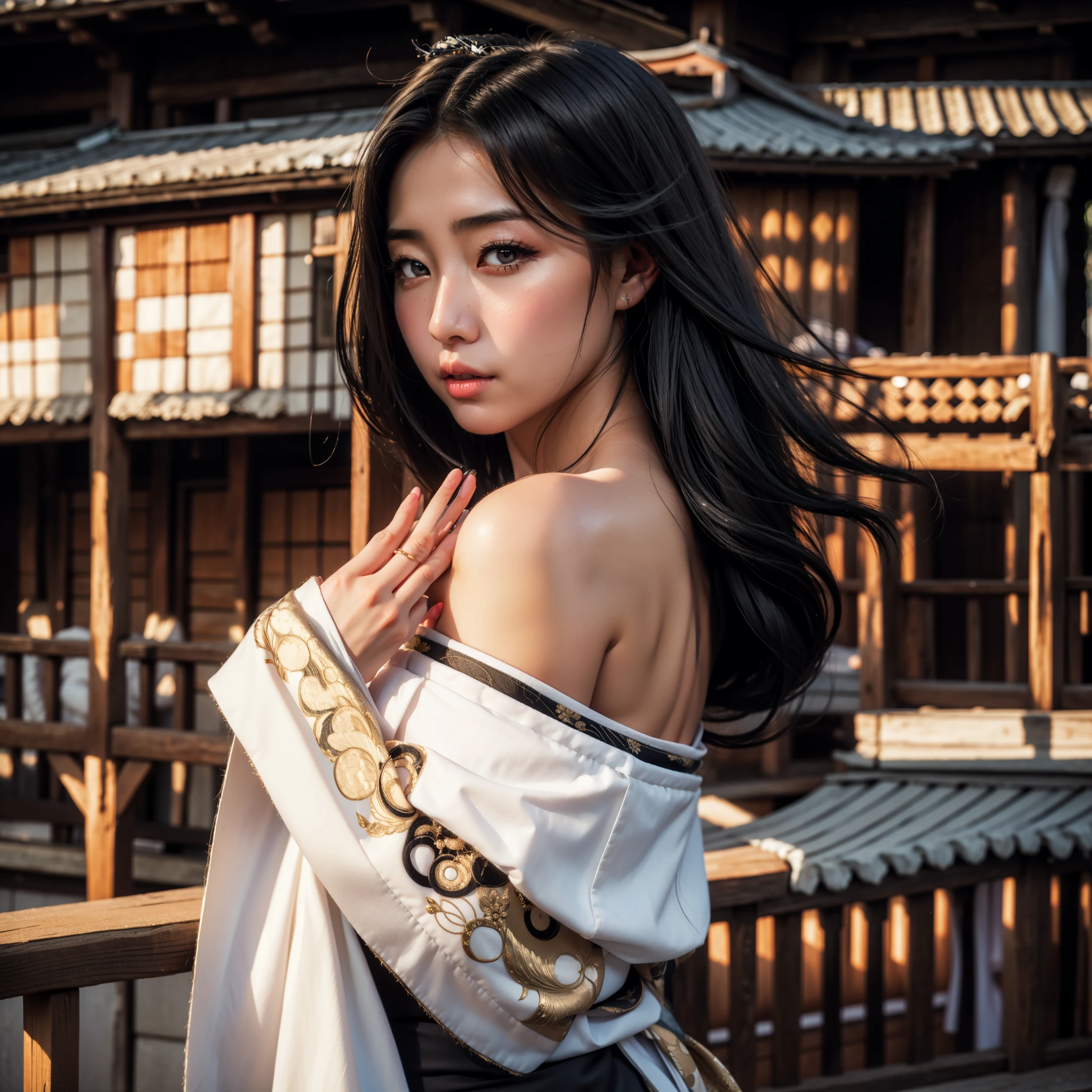 A beautiful Japanese woman, with flowing black hair, full lips, beautiful eyes, silky skin, wearing a beautiful dress with bare shoulders, posing with her hand under her breast, looking with a sexy look, on the porch of a traditional house, with houses traditional Japanese women in the background, beautiful sensual woman from hyperrealistic feudal Japan, a hot photorealistic geisha posing, a beautiful young girl with intricate details.
