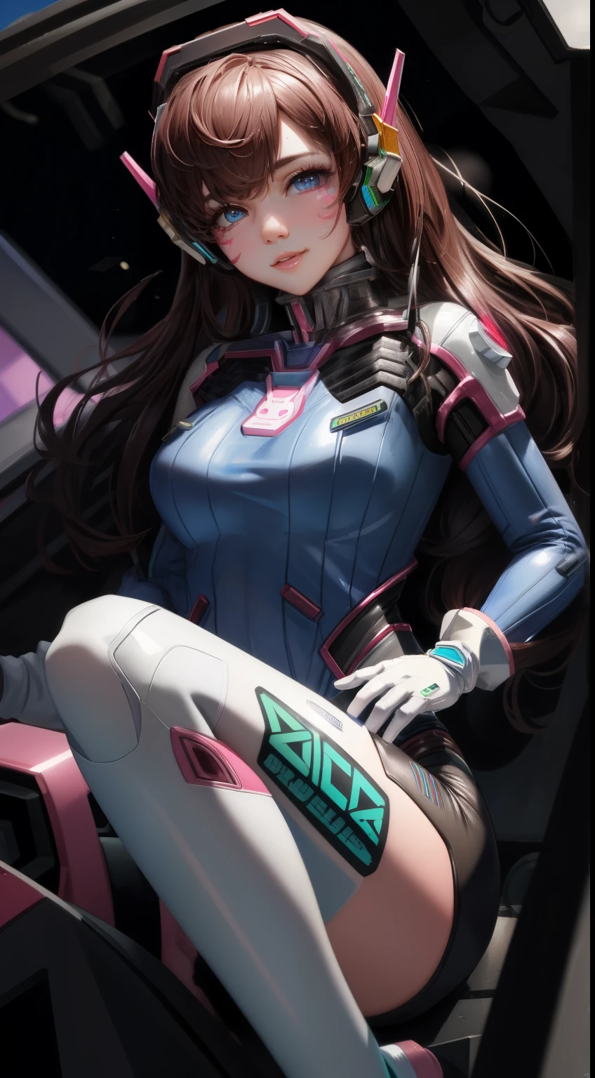 Masterpiece, Best Quality, High Resolution, 1Girl, Ultra High Resolution, Solo, Mech Pilot, D.VA, Headphones, Pink Eyes, Blue Tights, Brown Hair, White Gloves, Face Decoration