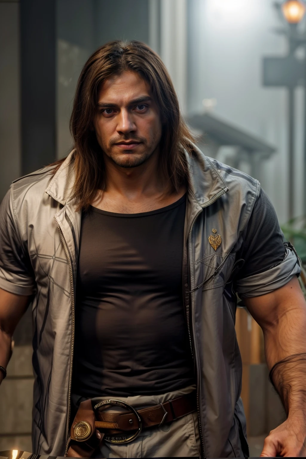 (melhor qualidade,4k,8k,Alto,master part:1.2),ultra-detalhado,(Realistic,fotorrealista,foto-Realistic:1.37), um homem de 30 anos vestindo uma camiseta preta e uma jaqueta verde, photorealistic Corpo musculoso, realistic shaded Corpo Perfeito, corpo perfeitamente sombreado, brown hair and a Corpo Perfeito, pele realist, musculoso, olhar intimidador,musculo, poros da pele, cabelo longo, cabelo castanho, - tiro, bracelete de metal, close up tiro de meio corpo, handsome man looks at the camera, symmetric eyes, symmetrical face, fotorrealista, fotografia, Rastreamento de caminho, specular illumination, volumetric facial light, path traced hair, visible shadows, intrincado, elaborar, Enfatize oolhar intimidador, showing self-confidence, olhar zangado,, cenario de cidade, olhar de furia