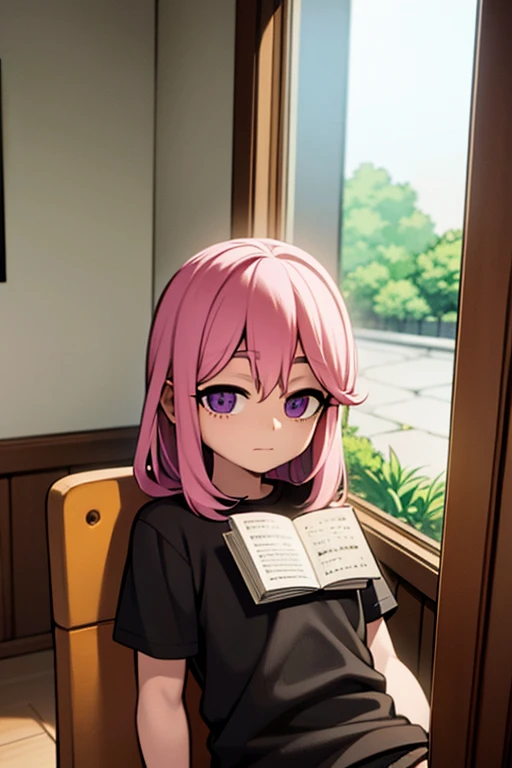 A pink haired boy with violet eyes is reading a book by the window in black clothing
