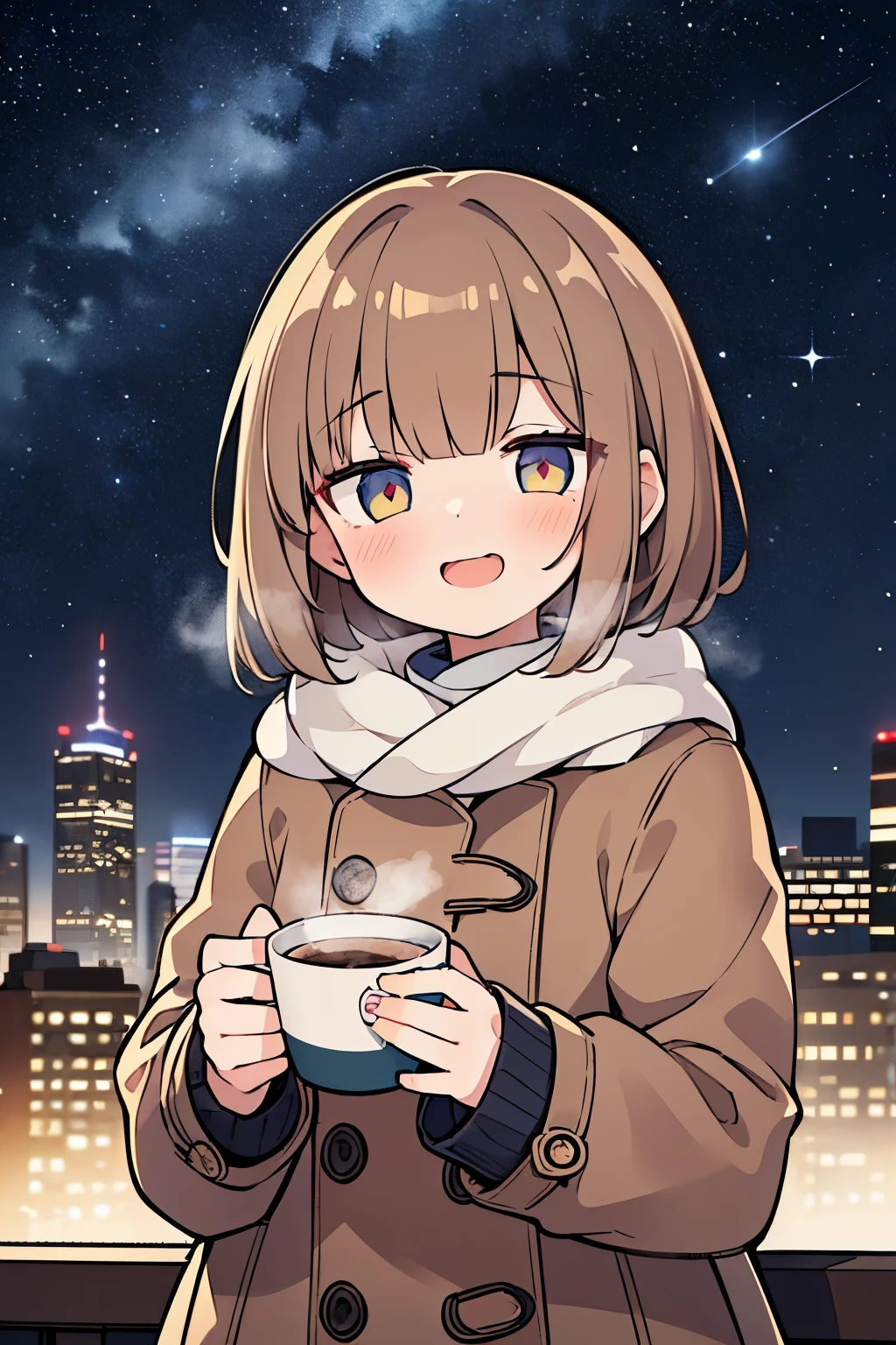 ((masterpiece)), 1girl, solo, (pale brown hair), cute eyes, (messy bob hair), ((Fancy makeup)), (laughing face), blush, White breath, fluffy muffler, coat, looks very cold, neon lights in city, (winter), ((starry sky)), cityscape, (hot coffee)