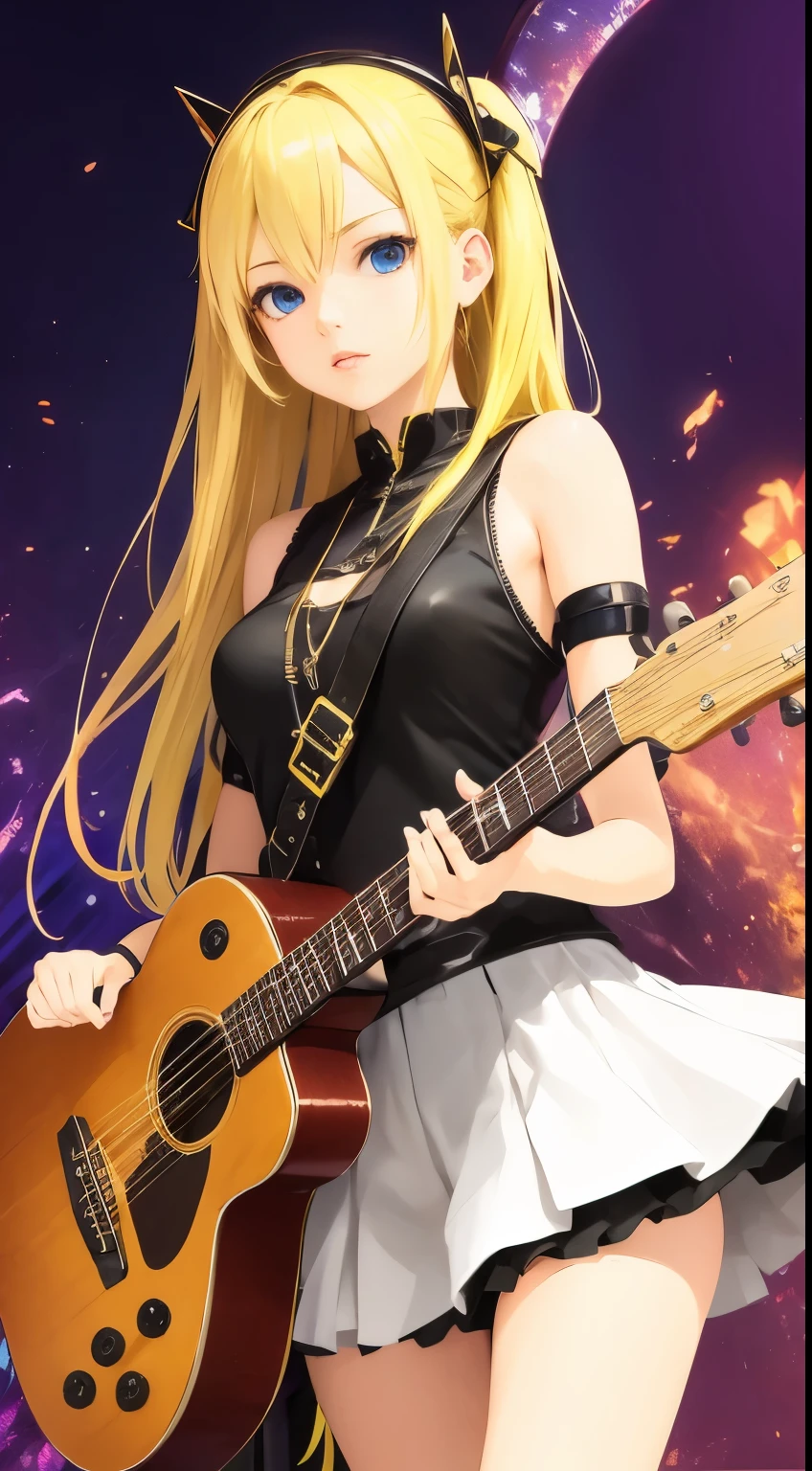masterpiece, top quality 16k raw photo of Vocaloid3 Lily posing with guitar, blond hair blue eyes. navel look white skirt. hand behind her head.