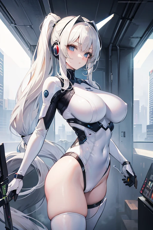 4K,hight resolution,One Woman,White blonde hair,poneyTail,head phone,Colossal tits,ninjartist,White Cybersuit,Knives,underground city