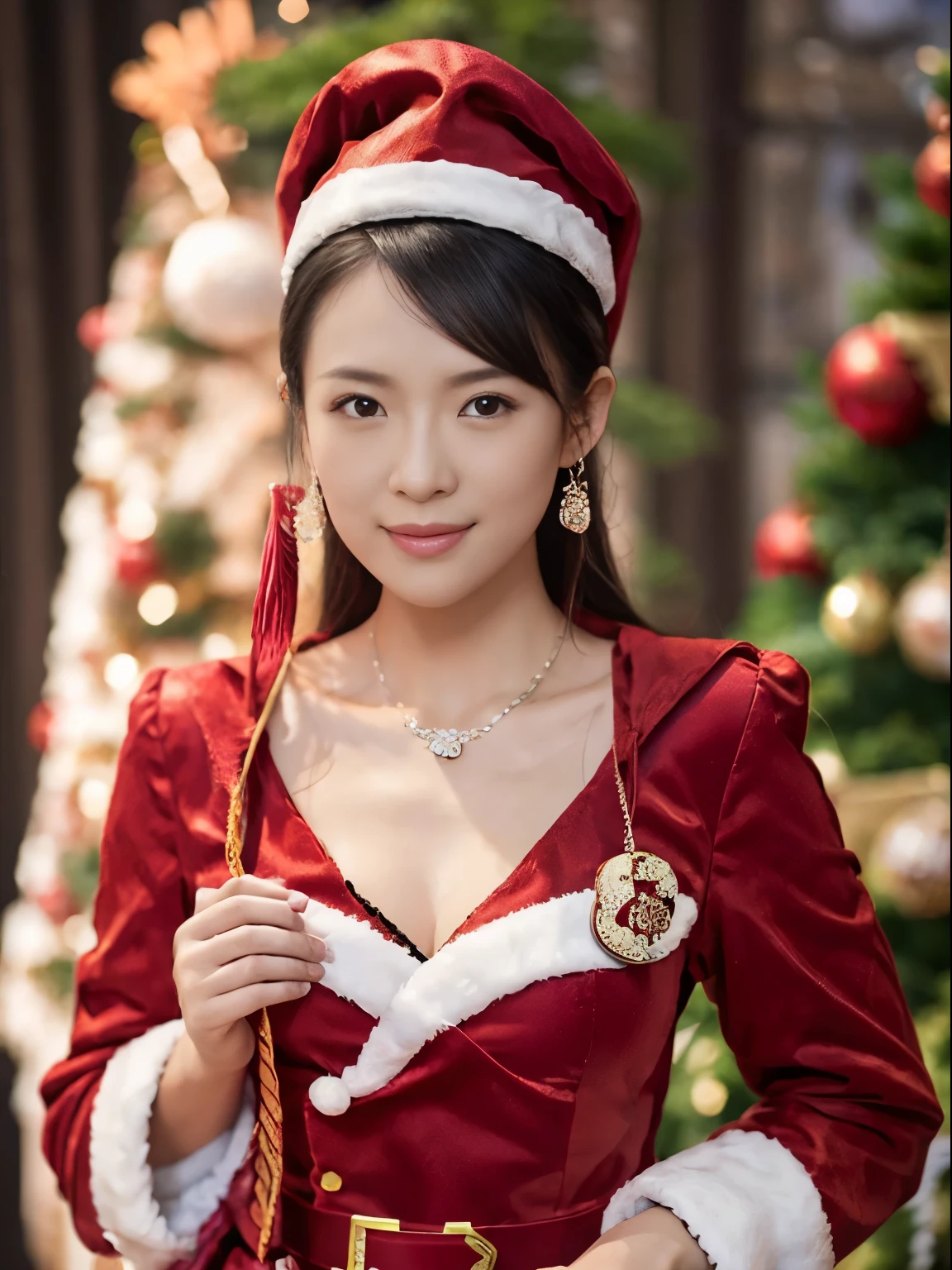 ((Beautiful Chinese Woman))，Asian Women，(Red Santa Claus costume：1.5)，Christmas tree，Christmas atmosphere，Black hair，Photorealsitic，surrealism, F/1.2, 35 mm, Fuji Film, 8K, Super Detail, nffsw, masutepiece, ccurate, Anatomically correct, Textured skin, Super Detail, high details, High quality, Best Quality, hight resolution