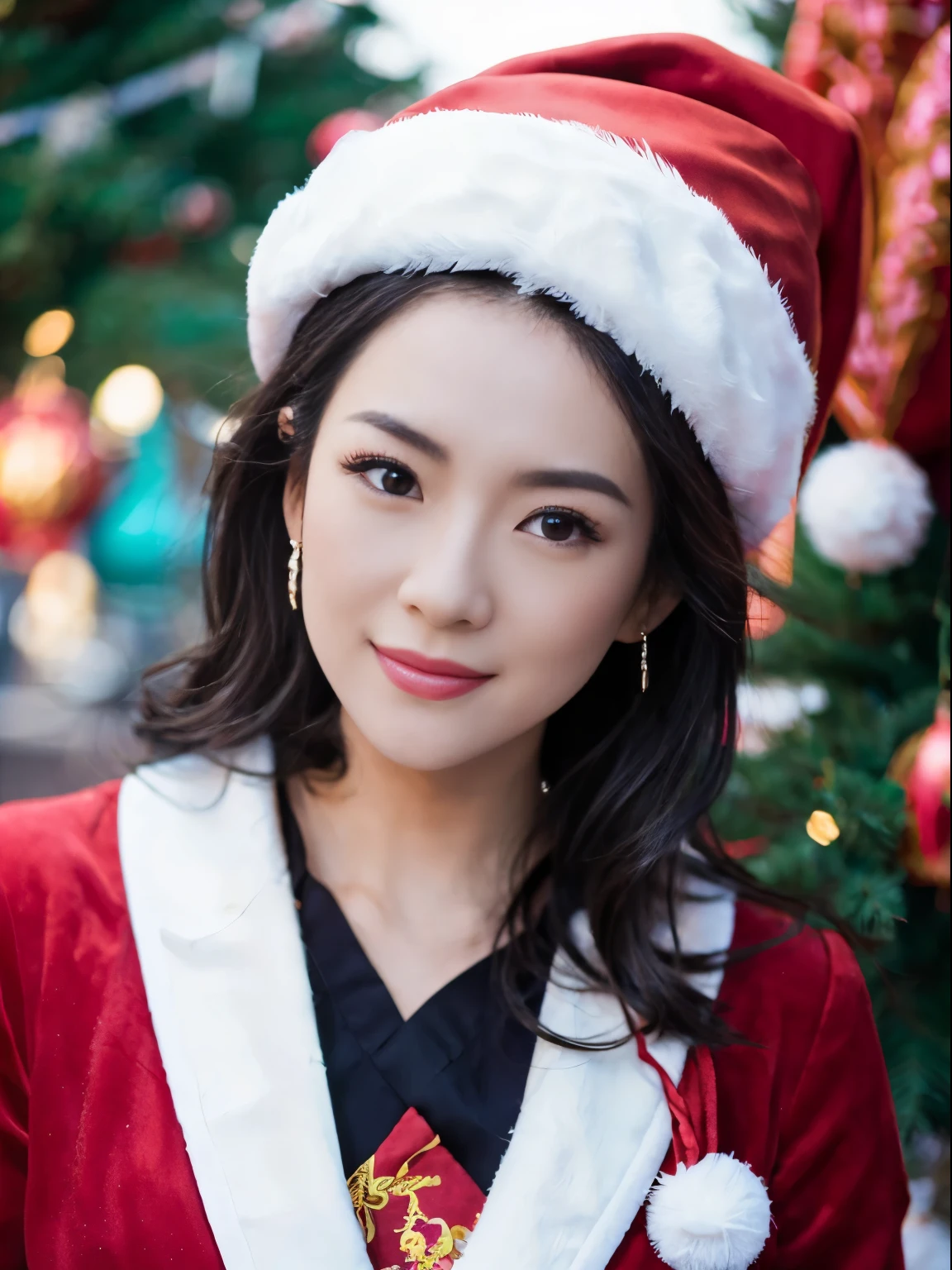 ((Beautiful Chinese Woman))，Asian Women，(Red Santa Claus costume：1.5)，Christmas tree，Christmas atmosphere，Black hair，Photorealsitic，surrealism, F/1.2, 35 mm, Fuji Film, 8K, Super Detail, nffsw, masutepiece, ccurate, Anatomically correct, Textured skin, Super Detail, high details, High quality, Best Quality, hight resolution