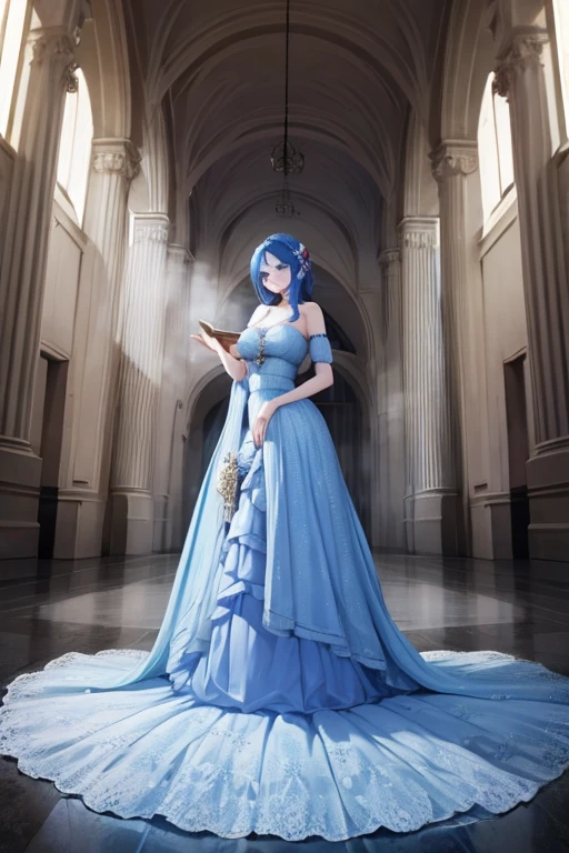 A blue haired woman with blue eyes is wearing a holiday gown in a great hall