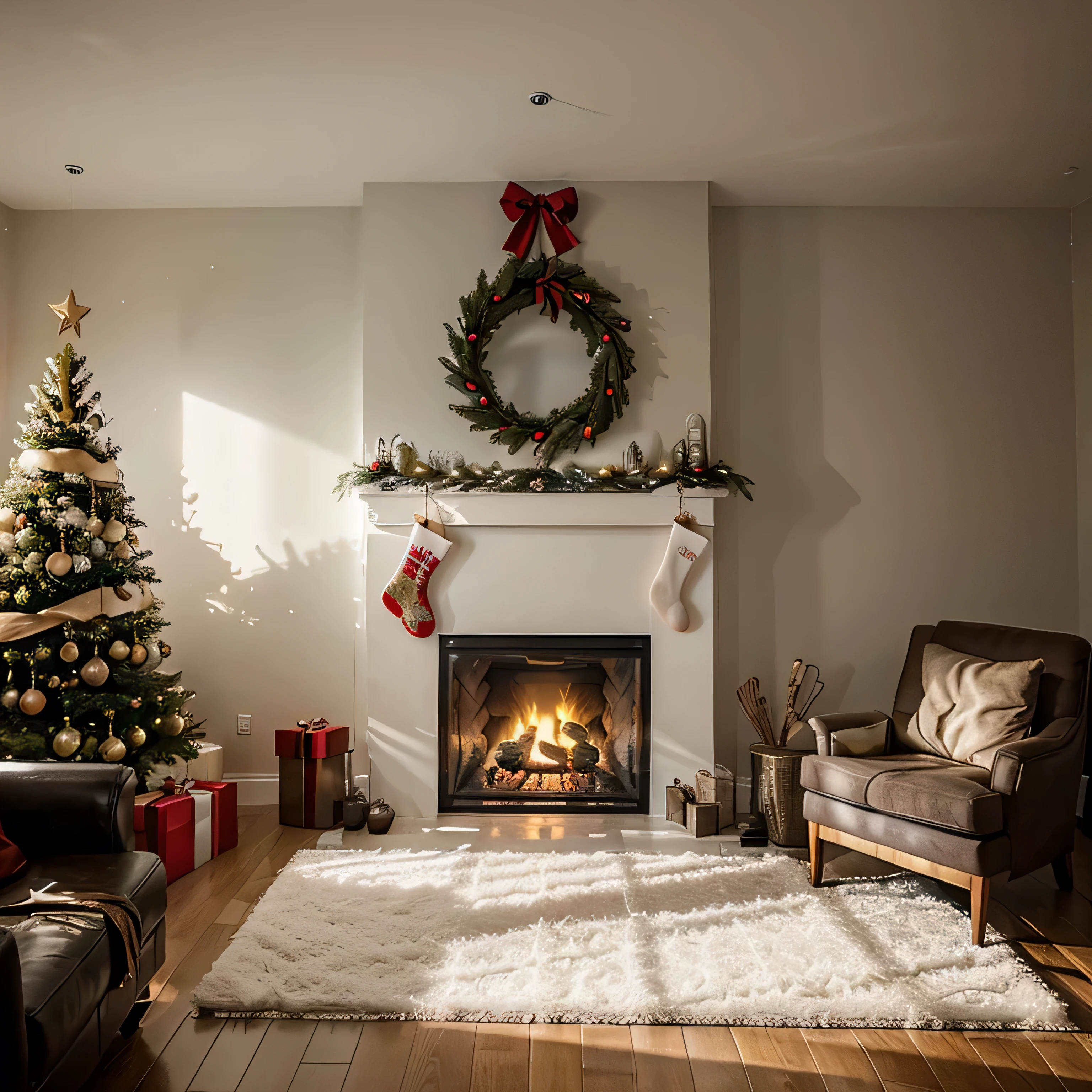 modern living room with a nice fireplace, a christmas tree and decorations, ovecast lightning and soft shadows inside, its snowing outside