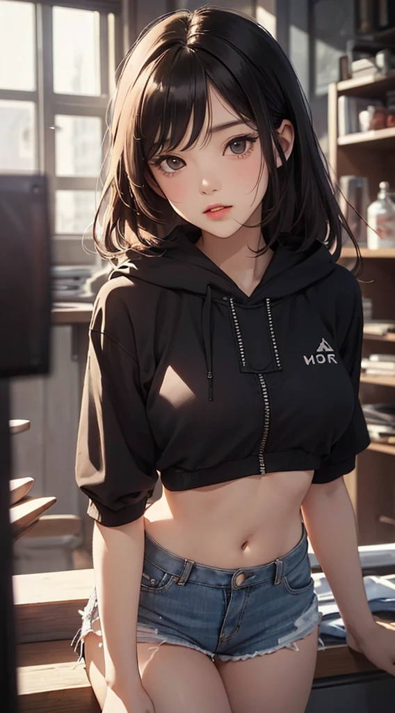 (masterpiece, best quality:1.5), (ultra detailed, high resolution, 8k, beautiful detailed, UHD, best anatomy), 1 cute girl, black hair, medium breasts, sleeves past fingers, Flared skirt, boots, blank expression, headphone, Hoodie