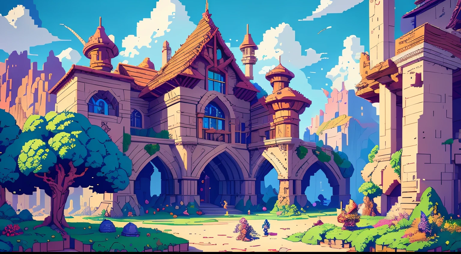 (best quality,4k,8k,highres,masterpiece:1.2),unique architecture, vibrant colors, stunning pixel art, magical atmosphere, detailed artwork, mesmerizing scenery, fantasy world, whimsical design, intricate details, magical creatures and characters, immersive environment, enchanting lighting, picturesque landscapes, hidden secrets and passages, rich textures, surreal elements, breathtaking views, mystical ambiance, nostalgic charm, retro-inspired aesthetics, vibrant color palette, captivating storytelling, evocative atmosphere