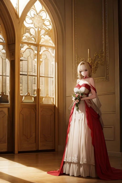 A blonde haired woman with teal eyes is wearing a holiday gown in a great hall