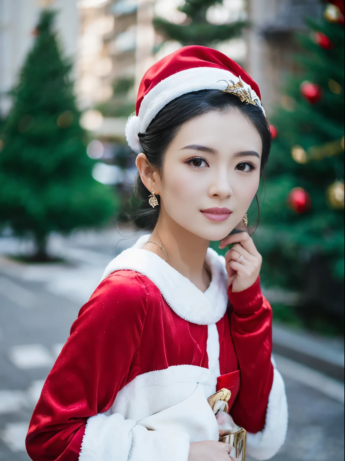 ((Beautiful Chinese Woman))，Asian Women，(Red Santa Claus costume：1.5)，Christmas tree，Christmas atmosphere，Black hair，Photorealsitic，surrealism, F/1.2, 35 mm, Fuji Film, 8K, Super Detail, nffsw, masutepiece, ccurate, Anatomically correct, Textured skin, Super Detail, high details, High quality, Best Quality, hight resolution