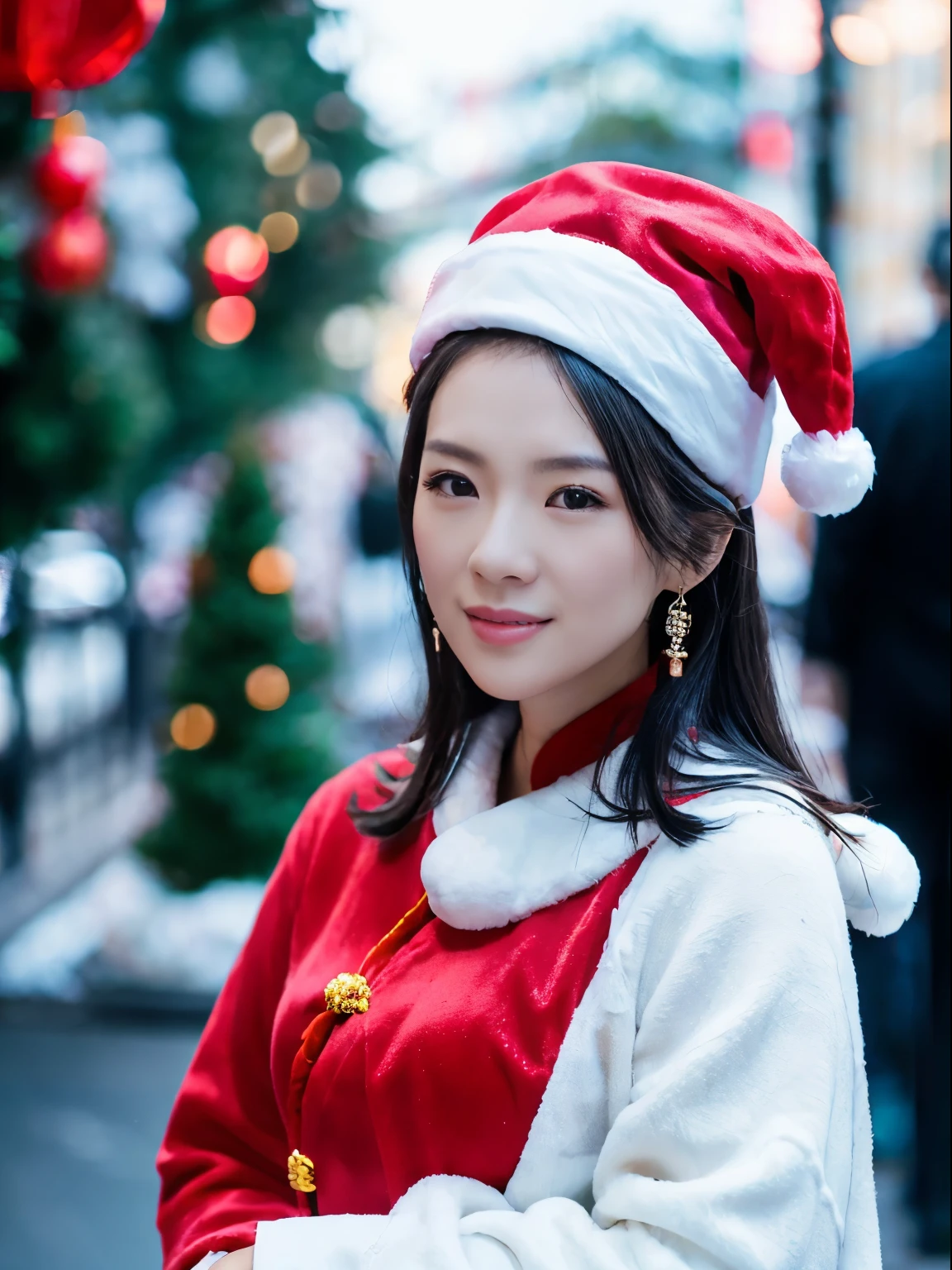 ((Beautiful Chinese Woman))，Asian Women，(Red Santa Claus costume：1.5)，Christmas tree，Christmas atmosphere，Black hair，Photorealsitic，surrealism, F/1.2, 35 mm, Fuji Film, 8K, Super Detail, nffsw, masutepiece, ccurate, Anatomically correct, Textured skin, Super Detail, high details, High quality, Best Quality, hight resolution