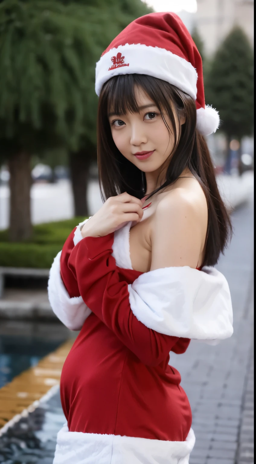 beautfull Japanease woman，(Red Santa Claus costume：1.5)，(Christmas tree)，Christmas atmosphere，Black hair，Photorealsitic，surrealism, F/1.2, 35 mm, Fuji Film, 8K, Super Detail, nffsw, masutepiece, ccurate, Anatomically correct, Textured skin, Super Detail, high details, High quality, Best Quality, hight resolution