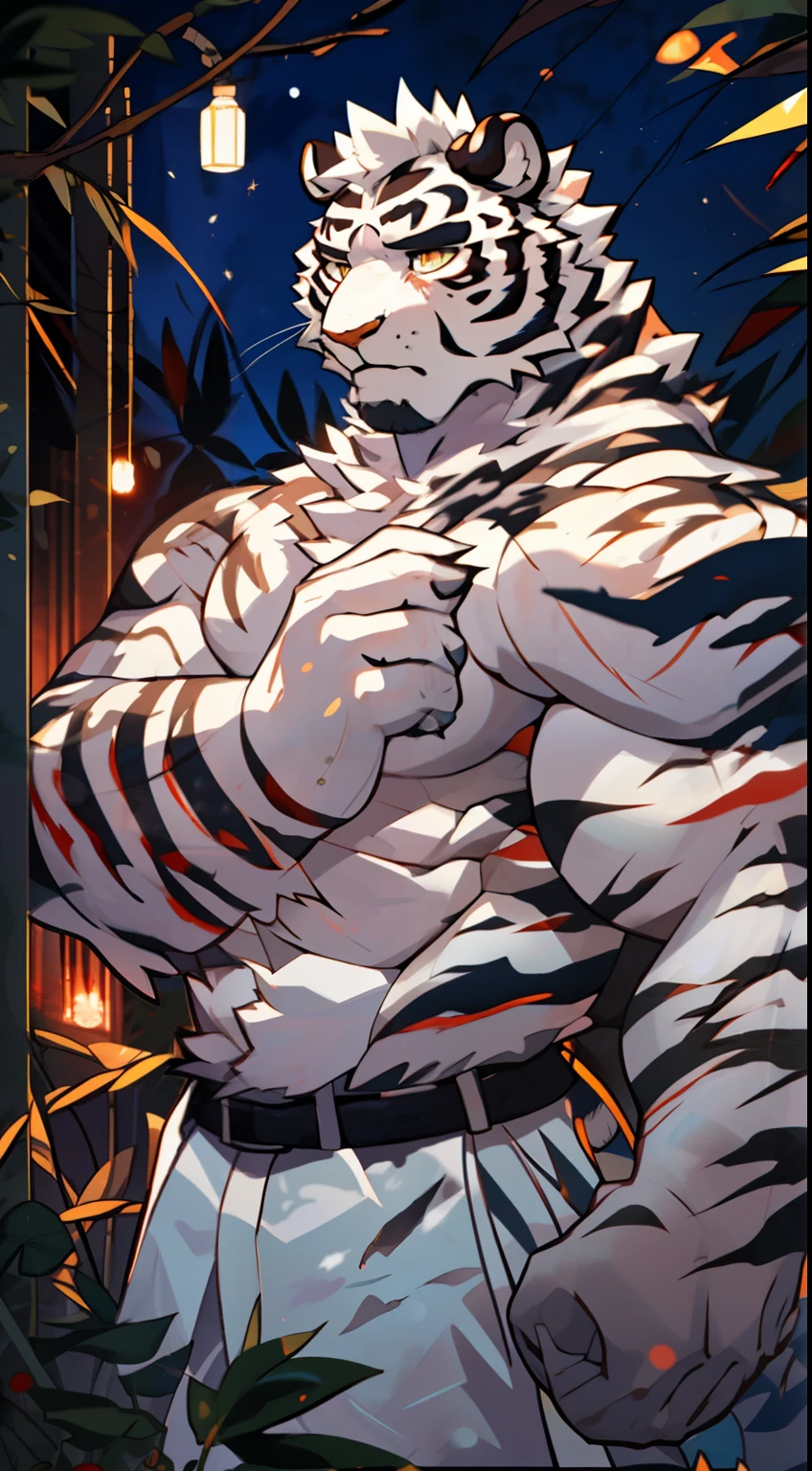 (best quality,highres,masterpiece:1.2),ultra-detailed,realistic:white fur,tiger,nightfirelight,shadows,stunning white and black stripes,glowing eyes,curious expression,jungle background,lush greenery,mystical atmosphere,soft moonlight,contrast of light and darkness,fierce and majestic presence,subtle hint of danger,striking beauty of the white tiger,striking pose,graceful movements,ethereal aura,magical ambiance,emerald vegetation,thin mist swirling,dreamlike scene,dimly lit trees,vibrant colors,powerful energy,rays of moonlight filtering through leaves.