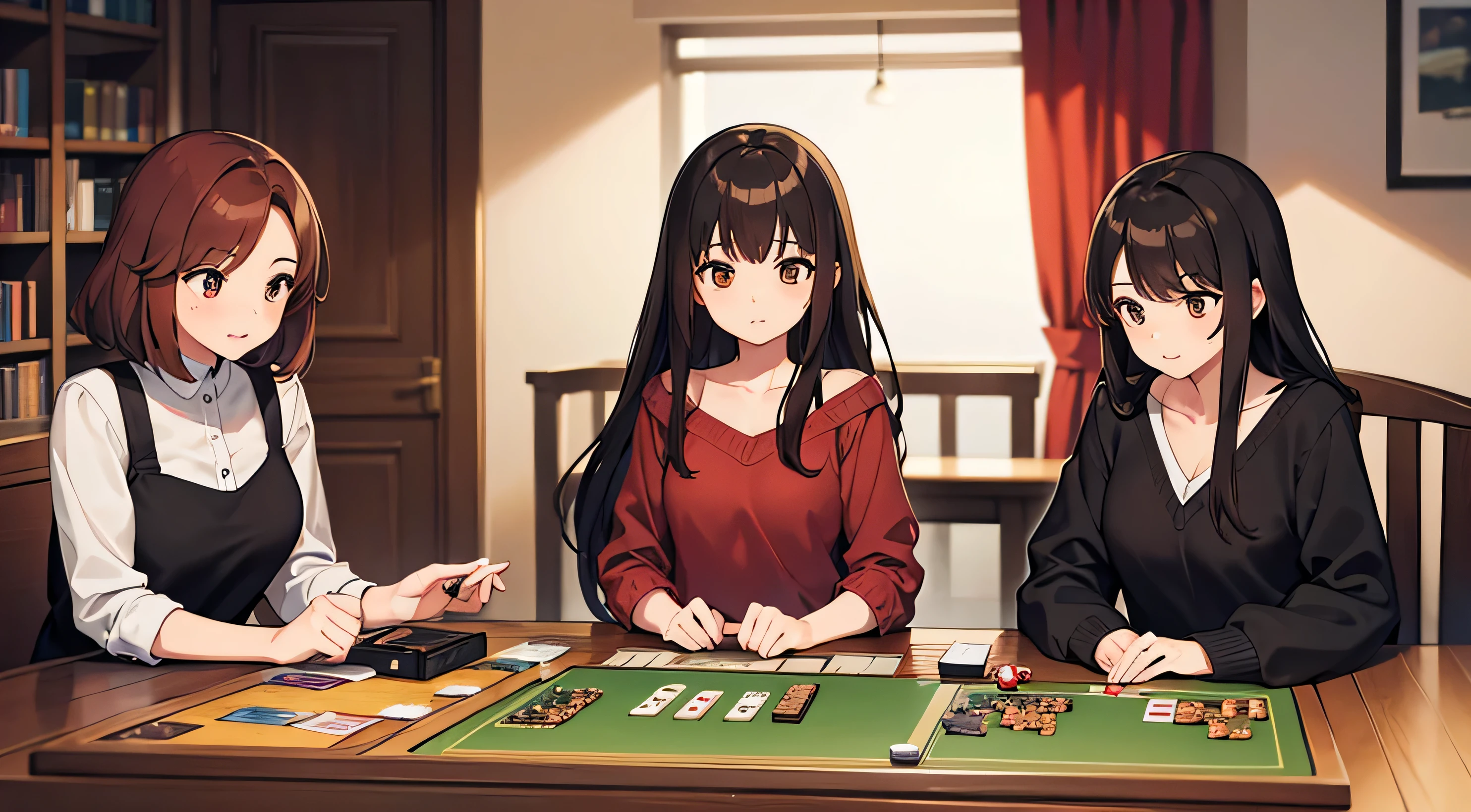 1 girl with long brown hair. 1 girl with red short hair. 1 girl with black hair. Playing board games. The best picture quality.
