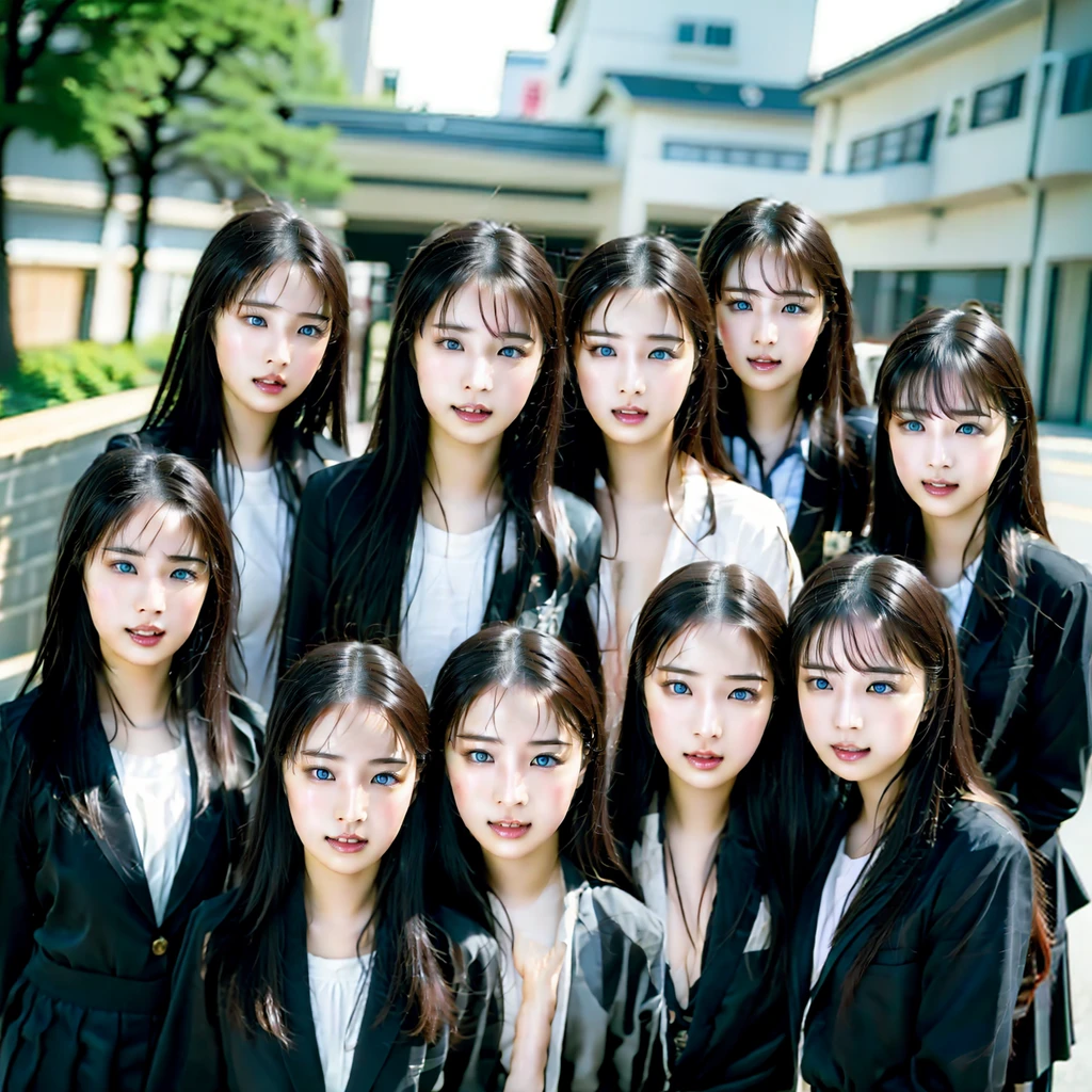 Raw photo、(((multiple girls))),((((6+girls)))),Women only、The same face、((matching school uniform))、12 years old、((A dark-haired)),Longhaire、レズビアンデート中のかわいい女子a junior high school student10人、a smile、In the street、selfee、same person、a junior high school student