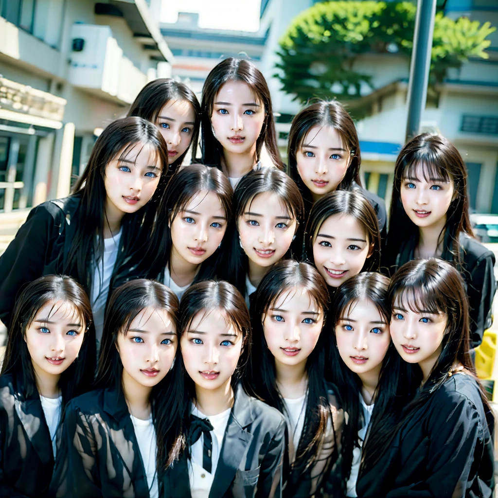 Raw photo、(((multiple girls))),((((6+girls)))),Women only、The same face、((matching school uniform))、************、((A dark-haired)),Longhaire、レズビアンデート中のかわいい女子a junior high school student10人、a smile、In the street、selfee、same person、a junior high school student